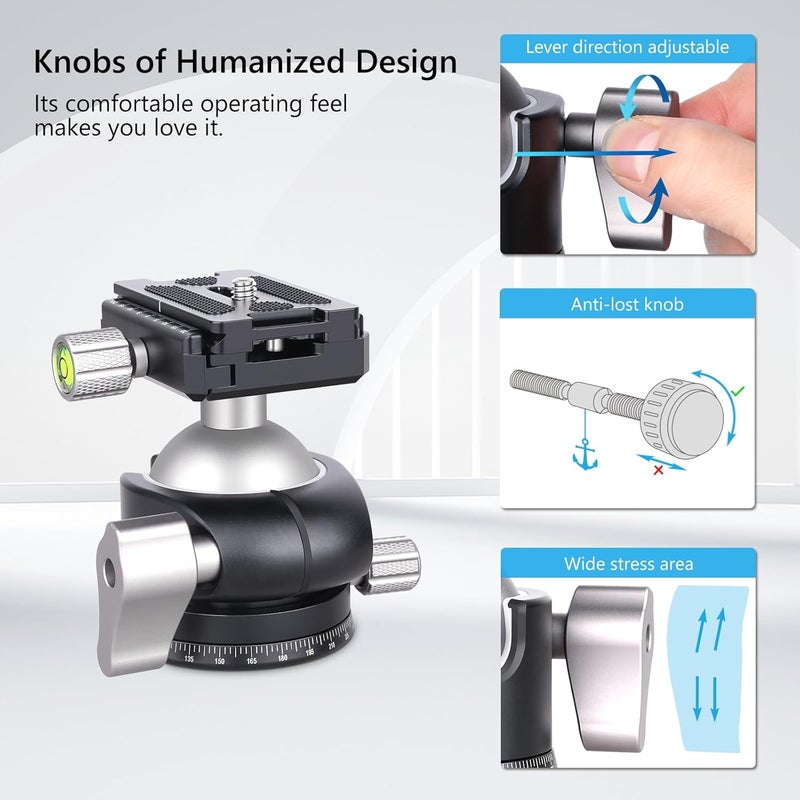 ARTCISE Tripod Ball Head Low Profile Tripod Head All Metal Camera Tripod Head 44lbs/20kg Load with Three Arca Swiss Quick Release Plate for Tripod, Monopod, DSLR, Camera - Image 5